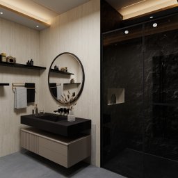 DETAIL SPACE - Nowoczesna łazienka z czarną umywalką na szafce, okrągłym lustrem z półkami i kabiną prysznicową z czarną ścianą. Minimalistyczny design, ciepłe oświetlenie.