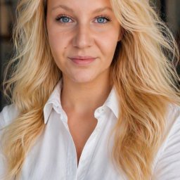 Eko & Smart Business - Portret kobiety o blond włosach i niebieskich oczach, ubrana w białą koszulę, z delikatnym uśmiechem. Ujęcie od przodu, z rozmytym tłem.