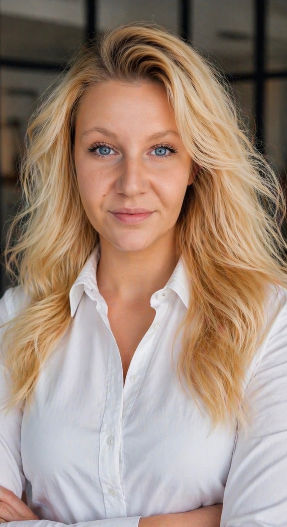 Portret kobiety o blond włosach i niebieskich oczach, ubrana w białą koszulę, z delikatnym uśmiechem. Ujęcie od przodu, z rozmytym tłem.