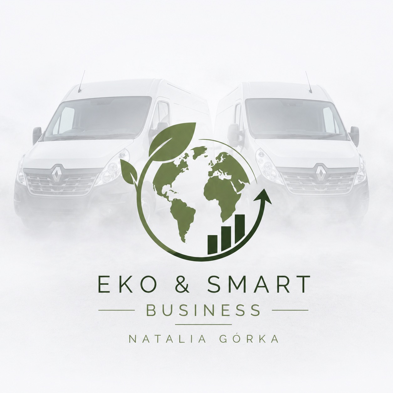 Grafika Eko & Smart Business: globus z liściem, wykres słupkowy i strzałka na tle dwóch rozmytych vanów. Logo firmy Natalii Górki.