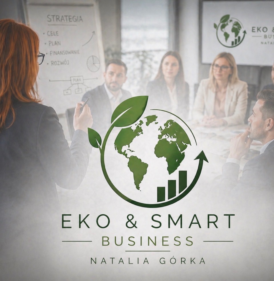 Prezentacja strategii EKO & SMART Business z logo na pierwszym planie, zespół w tle, flipchart z celami i planami. Natalia Górka.