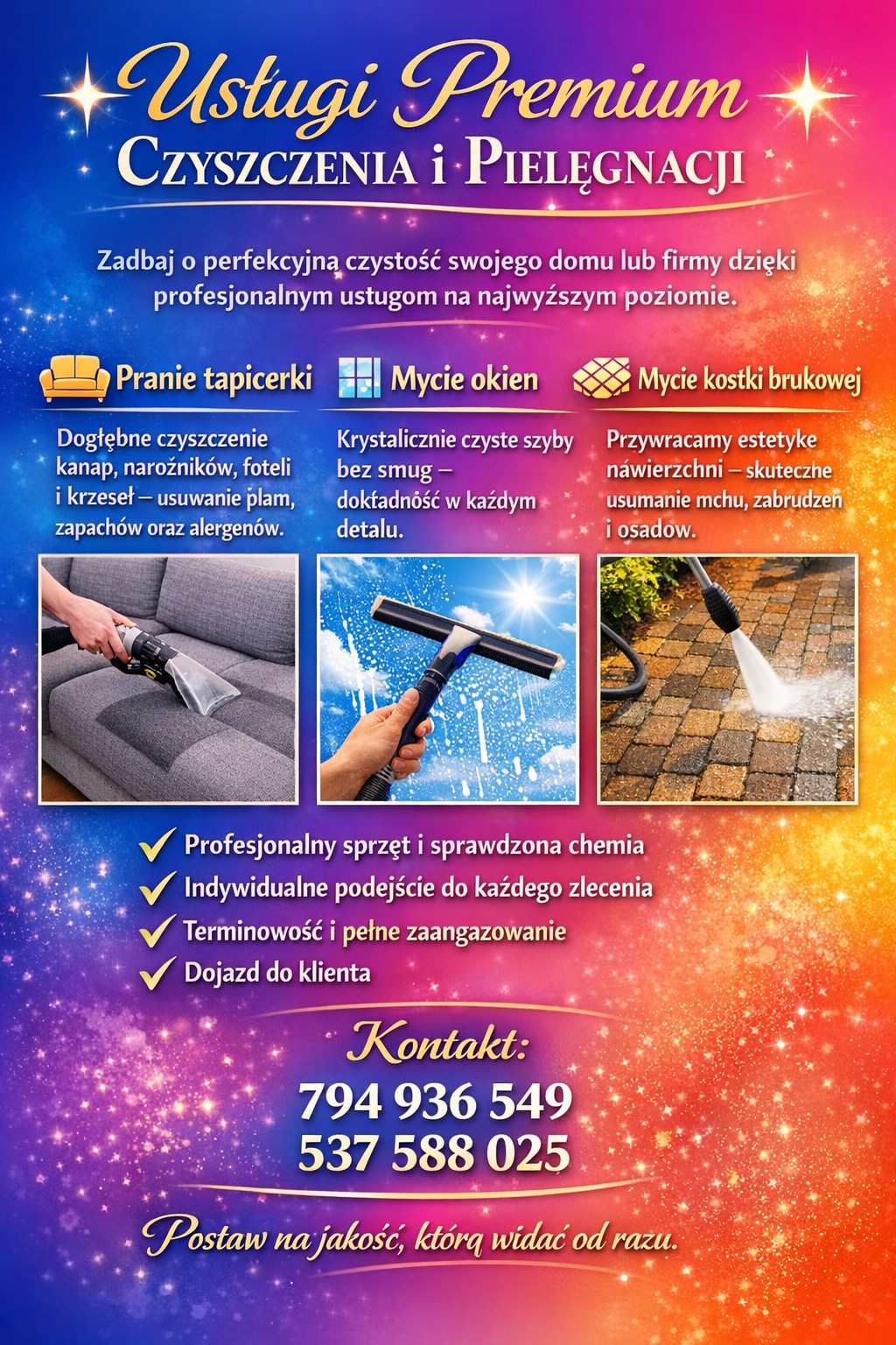 Baner reklamowy usług czyszczenia: pranie tapicerki, mycie okien i kostki brukowej. Profesjonalny sprzęt, indywidualne podejście, terminowość i dojazd do klienta.