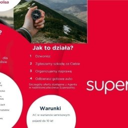 Grupa Lider - partner Superpolisa - Grafika reklamowa Superpolisa z Wrocławia, przedstawiająca ofertę opieki powypadkowej AC: kobieta w aucie, ręka z kompasem, listę korzyści i proces zgłaszania szkody.