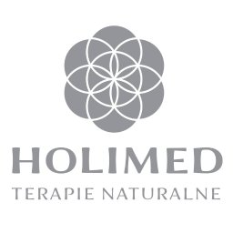 Holimed Terapie Naturalne - Szary logotyp firmy Holimed Terapie Naturalne z symbolem kwiatu życia, na białym tle. Minimalistyczny design, stonowana kolorystyka.
