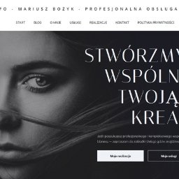 Konfig.Info Mariusz Bożyk - Strona internetowa z monochromatycznym zdjęciem kobiety i hasłem 'Stwórzmy wspólnie Twoją kreację'. Minimalistyczny design, elegancka typografia, przyciski 'Moje realizacje' i 'Moje usługi'.