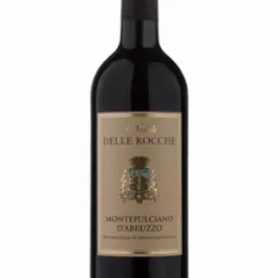 Butelka czerwonego wina Montepulciano d'Abruzzo z etykietą w odcieniach złota i czerni, prezentowana na białym tle.