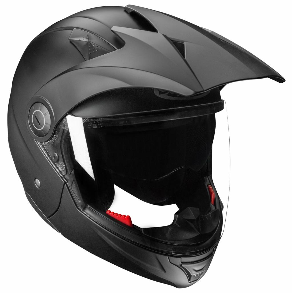 Matowy czarny kask motocyklowy z wizjerem, widok z boku, oświetlenie studyjne.