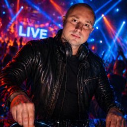 Robert Prusiński - Zespół ,DJ & Akordeon Live - DJ w skórzanej kurtce miksuje muzykę na konsolecie Pioneer DJ w Ostrołęce, w tle rozświetlony parkiet i napis LIVE. Profesjonalne nagłośnienie i oświetlenie.