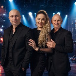 Robert Prusiński - Zespół ,DJ & Akordeon Live - Zespół muzyczny w czarnych strojach na scenie z instrumentami i oświetleniem. Dwoje mężczyzn i kobieta w środku, uśmiechnięci, gotowi do występu.