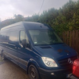 Marek Szczakowski - Niebieski bus Mercedes Sprinter firmy ze Zdzieszowic na tle zielonych krzewów i drewnianego płotu. Widoczne ślady użytkowania na masce pojazdu.