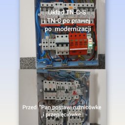 Usługi Elektryczne Aleksander Paszkow - Szafa elektryczna przed i po modernizacji. Widoczne nowe zabezpieczenia, w tym różnicówka i przepięciówka. Układ TN-C-S i TN-C po prawej stronie.