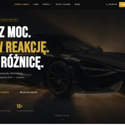 Oskar Maślanka - Strona internetowa firmy chiptuningowej z czarnym sportowym autem w tle. Napisy: Zwiększ moc, popraw reakcję, poczuj różnicę. Umów usługę, zobacz ofertę.