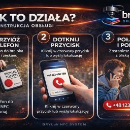 Brylok - Instrukcja obsługi breloka NFC: zbliż telefon, dotknij przycisk na ekranie, połącz się z bliską osobą. Grafika z numerem telefonu i logo.