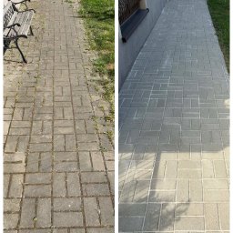 Artur Myje - Mycie Kostki Brukowej - Kostka brukowa przed i po czyszczeniu: po lewej zaniedbana z chwastami, po prawej świeżo umyta, szara, bez zabrudzeń. Widoczny fragment ławki i budynku.