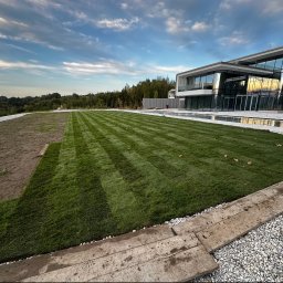 BS Home & Garden Solutions - Nowoczesna rezydencja z dużymi przeszkleniami i basenem, otoczona świeżo ułożonym trawnikiem w pasy. Obok widoczna przygotowana ziemia i żwir, sugerujące zaawansowany etap prac ogrodowych.