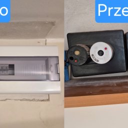Mateusz Chatys - Modernizacja instalacji: po lewej nowa rozdzielnica z wyłącznikami nadprądowymi, po prawej stare ceramiczne bezpieczniki topikowe.