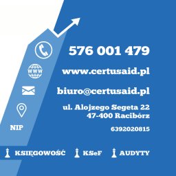 Certus Aid - Grafika z danymi kontaktowymi: numer telefonu, adres strony www, e-mail, adres siedziby i NIP. U dołu ikony z napisami: księgowość, KSeF, audyty. Niebieskie tło.