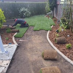 Niwińska Sarkiewicz Ogrody i Wnętrza - Układanie trawy z rolki w ogrodzie: pracownik na kolanach dopasowuje fragmenty, widoczne rolki trawy, narzędzia i obrzeże ścieżki z kostki. Częściowo ułożony trawnik.