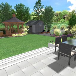Niwińska Sarkiewicz Ogrody i Wnętrza - Wizualizacja ogrodu z altaną, jacuzzi i domkiem narzędziowym. Na pierwszym planie taras z meblami ogrodowymi. Bujna roślinność i trawnik tworzą harmonijną całość.
