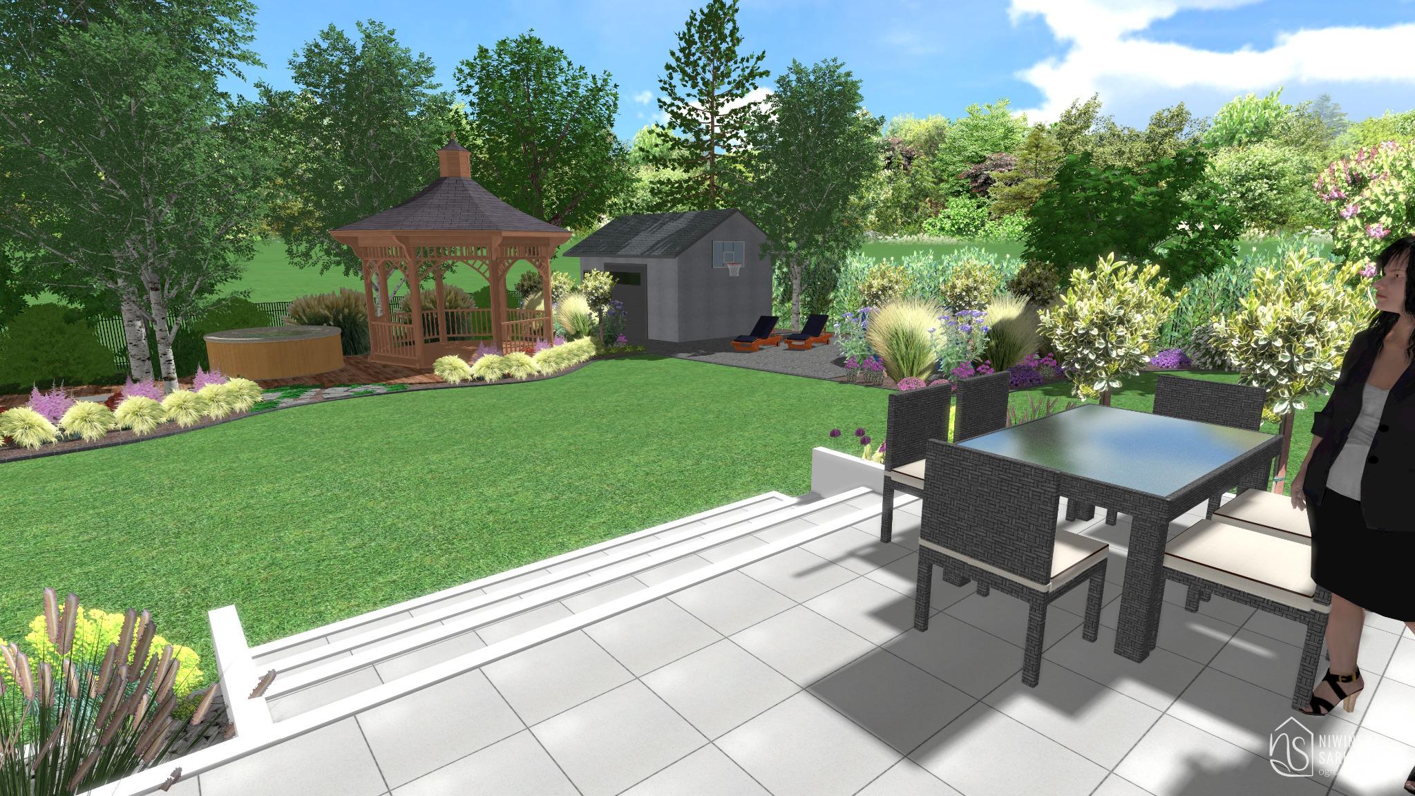 Wizualizacja ogrodu z altaną, jacuzzi i domkiem narzędziowym. Na pierwszym planie taras z meblami ogrodowymi. Bujna roślinność i trawnik tworzą harmonijną całość.