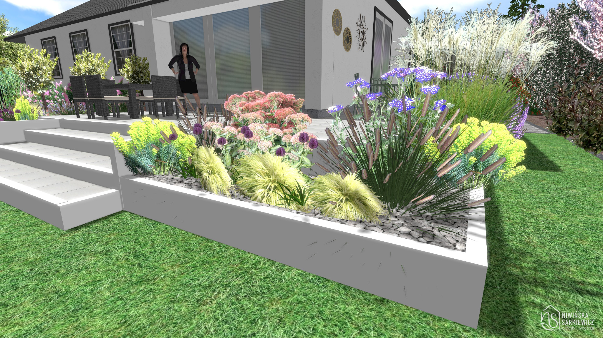 Wizualizacja ogrodu z podwyższoną rabatą kwiatową, schodami i tarasem. W tle nowoczesny dom z dużymi oknami i kobietą w czarnym stroju. Projekt Niwińska-Sarkiewicz.