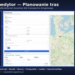 Agentro - Interfejs modułu planowania tras AiSpedytor dla TMS, z mapą Europy i kalkulacją kosztów transportu drogowego. Widoczne dane trasy, pojazdu, kosztów i stawek.