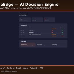Agentro - Interfejs CargoEdge: analiza ryzyka zleceń TSL z rekomendacją TAK/NIE/WARUNKOWO. Widok dashboardu z danymi, analizami i opcjami zarządzania flotą. Oparte o Claude API + RAG.