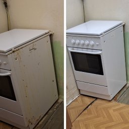 Profesjonalne usługi sprzątające - Zdjęcie 'przed i po' czyszczenia kuchenki gazowej. Po lewej brudna, zardzewiała kuchenka, po prawej czysta, biała kuchenka. Widoczna różnica w czystości.