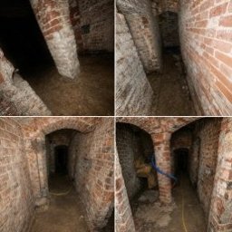 PROWYBURZENIA - Ceglana piwnica w czterech ujęciach, ukazująca postęp prac wyburzeniowych: skucie posadzki, odsłoniętą ziemię i fragmenty instalacji.