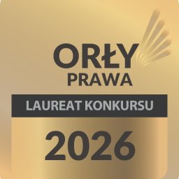 Kancelaria Radcy Prawnego Rafał Maciesza - Złota odznaka 'Orły Prawa' z napisem 'Laureat Konkursu 2026' i symbolem stylizowanych piór, reprezentująca prestiżowe wyróżnienie w branży prawniczej.