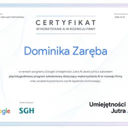DeKOI Dominika Zadęba - Certyfikat z umiejętności jutra - zakończyłam szkolenie od Google z zakresu sztucznej inteligencji