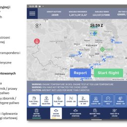 Grunert - Ekran aplikacji mobilnej dla awionetek Skybro Digital Sky, prezentujący mapę z danymi lotu, ostrzeżeniami i parametrami startu/lądowania. Widok z kokpitu.