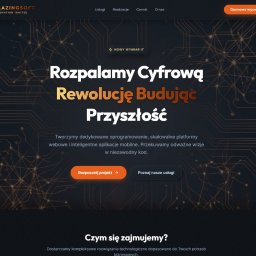 BlazingSoft SP. Z O. O. - Strona internetowa firmy IT Blazingsoft z hasłem 'Rozpalamy Cyfrową Rewolucję Budując Przyszłość' i grafiką obwodów drukowanych w tle. Darmowa wycena.