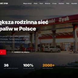 BlazingSoft SP. Z O. O. - Strona internetowa sieci stacji paliw z widoczną stacją w tle. Ciemne tło z czerwonymi akcentami, nowoczesny design, czytelna typografia i przyciski nawigacyjne.