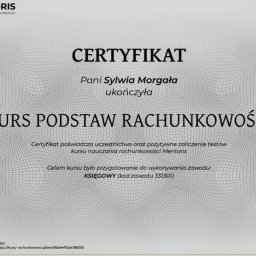 Oliwer Sylwia Morgała - Certyfikat ukończenia kursu podstaw rachunkowości przez Panią Sylwię Morgałę, wydany przez Mentoris, z datą 17.12.2020. Dokument z numerem certyfikatu i linkiem weryfikacyjnym.