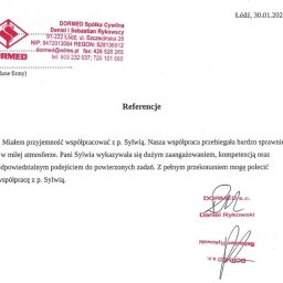 Oliwer Sylwia Morgała - Skan referencji dla firmy DORMED Spółka Cywilna z Łodzi, datowany na 30.01.2026. Tekst rekomenduje współpracę z p. Sylwią, podkreślając jej zaangażowanie i kompetencje.