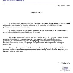 Oliwer Sylwia Morgała - Referencje dla biura rachunkowego i agencji pracy tymczasowej, wystawione przez Sławomira Bakalarza, z datą 20.05.2026 r. Dokument z pieczątką i podpisem.