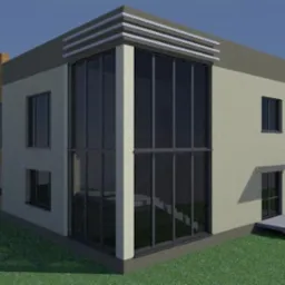 Wizualizacja 3D nowoczesnego domu z dużymi oknami narożnymi i elementami dekoracyjnymi na dachu, prezentowana w pogodny dzień.