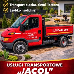 Jacol Usługi Transportowe - Czerwony samochód dostawczy z numerem telefonu na tle domu i ogrodu. Oferta transportu materiałów, piachu, ziemi i betonu. Szybko i solidnie!
