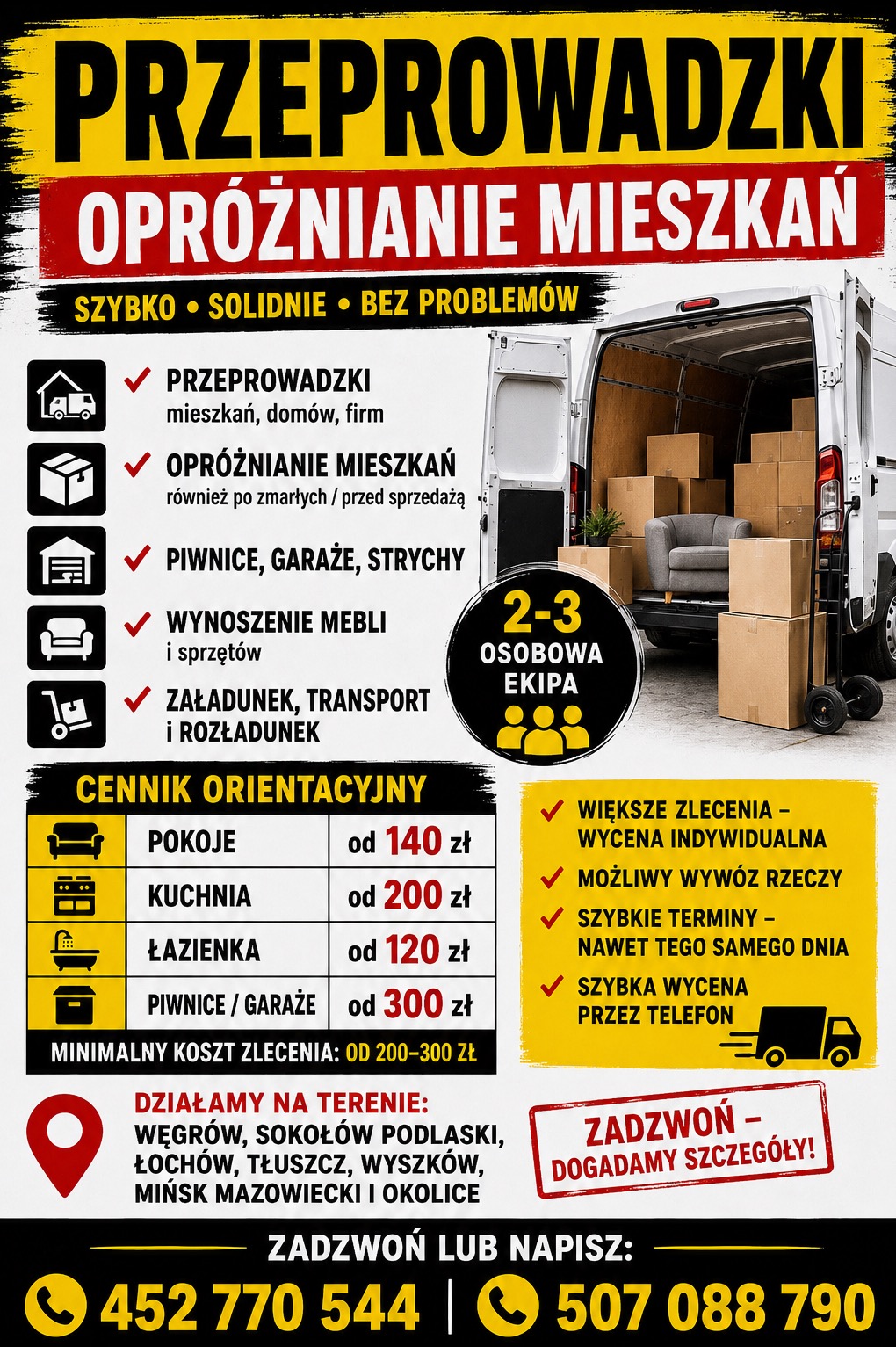 Grafika reklamowa usług: Przeprowadzki, Opróżnianie mieszkań. Cennik orientacyjny, szybkie terminy, wywóz rzeczy. Kontakt telefoniczny. Bus załadowany kartonami.