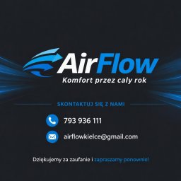 AirFlow Klima Kielce - Grafika z logo AirFlow w odcieniach niebieskiego, hasłem 'Komfort przez cały rok', danymi kontaktowymi i podziękowaniem za zaufanie. Nowoczesny design.