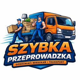 Winter world - Graficzne logo 'Szybka Przeprowadzka' z pomarańczową ciężarówką, dwoma pracownikami w niebieskich uniformach niosącymi pudła i lampę. Podpis: 'Opróżnianie Mieszkań i Transport'.
