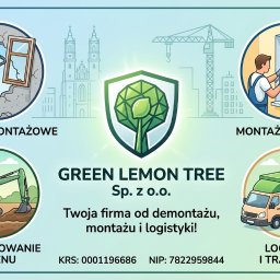 Green Lemon Tree - Grafika firmy Green Lemon Tree z Poznania: demontaż, montaż okien PCV, przygotowanie terenu i logistyka. Ilustracje prac i logo firmy na jasnym tle.