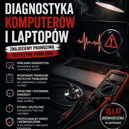 ALT-TAB Serwis Komputerowy Naprawa Laptopów - Diagnostyka komputerów i laptopów: laptop z wykresem EKG i lupą, multimetr, stetoskop. Profesjonalny sprzęt i 16 lat doświadczenia w naprawie komputerów.