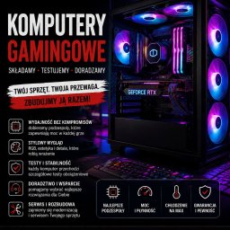 ALT-TAB Serwis Komputerowy Naprawa Laptopów - Komputer gamingowy z podświetleniem RGB w obudowie z oknem, karta graficzna GeForce RTX, wentylatory z kolorowym podświetleniem. Reklama serwisu komputerowego ALT-TAB Gdańsk.