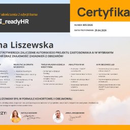 CO TERAZ Anna Liszewska - Certyfikat ukończenia kursu AI_readyHR dla Anny Liszewskiej z Warszawy. Dokument potwierdza zaliczenie projektu z AI w HR, numer 005/2026, data 29.04.2026.
