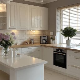 LUXURY FURNITURE - Jasna kuchnia z białymi, lakierowanymi frontami, drewnianym blatem i wyspą. Na blacie kwiaty w wazonie, ekspres do kawy. Okno z żaluzjami i rośliną doniczkową.