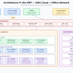 emTeq - Schemat architektury IT dla MŚP, prezentujący infrastrukturę AWS Cloud i Office Network z warstwami bezpieczeństwa, monitoringu i komponentami sieciowymi.