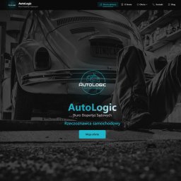 KreativSEO - Strona internetowa firmy AutoLogic, rzeczoznawcy samochodowego. W tle garaż z Volkswagenem Garbusem. Logo firmy w centralnej części. Przycisk 'Moja oferta' na dole.