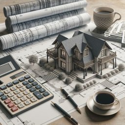 Gracjan Cempel - Model domu w stylu wiktoriańskim na planach architektonicznych z kalkulatorem i kawą. Precyzyjny projekt z dbałością o detale, idealny do ekspertyzy budowlanej.